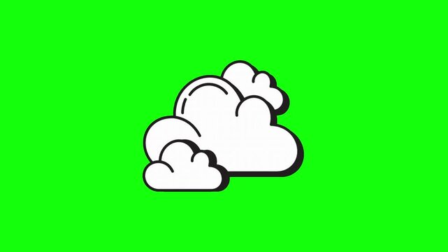 A cute fluffy white cloud with bold black outlines and soft rounded edges gently floats and drifts slowly from left to right on a solid bright lime green background in clean cartoon vector style.