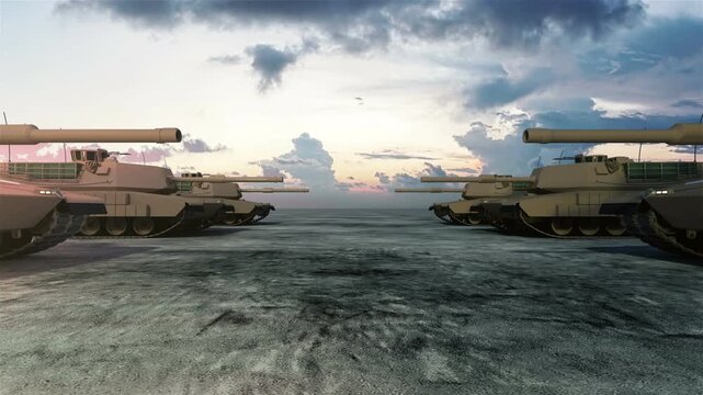 Rows of armored battle tanks face each other on a barren open surface beneath a cloudy sunset sky as the camera slowly moves forward in a symmetrical, 3D animation