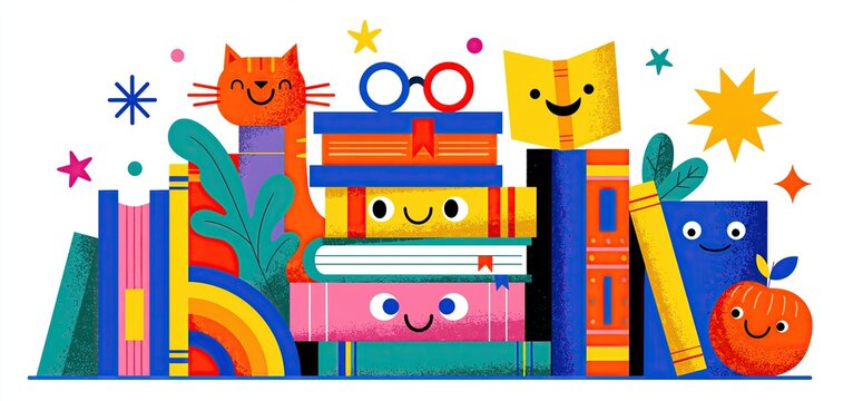 Colorful cartoon books and reading icons for literacy events, book fairs, and school reading programs.