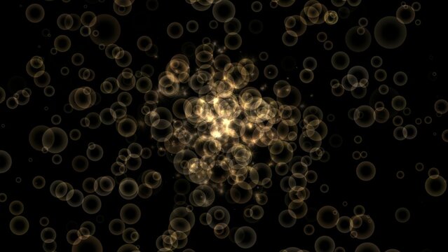 Golden bubbles drift through dark space, glowing softly. Light pulses from the center