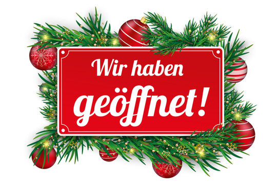 Green Christmas Twigs Red Baubles Sign Geoeffnet Transparent