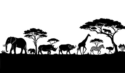 African Wildlife Silhouette Landscape Scene with Savanna Animals Editable Vector © Sadhon