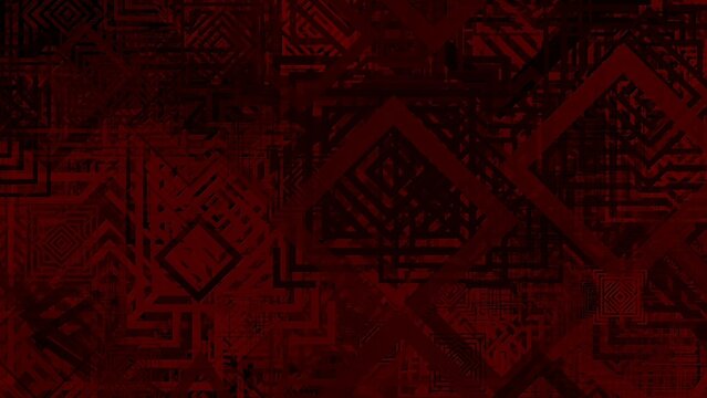 Deep red hues form complex geometric patterns. Sharp lines interlock in angular, maze-like designs