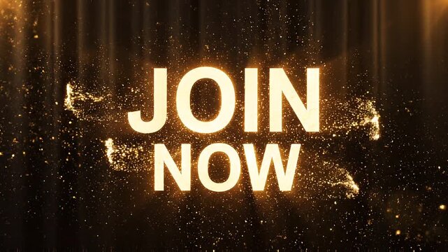 Glowing Join Now text appearing with golden glitter explosion against a theater curtain backdrop