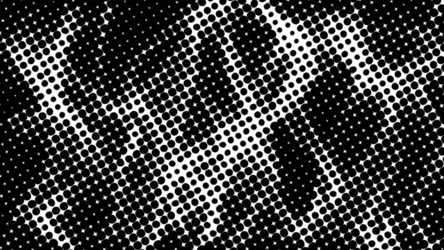 A detailed black and white halftone dot pattern featuring varying dot sizes arranged in a visually striking design with shadow effects, ideal for creative design projects.