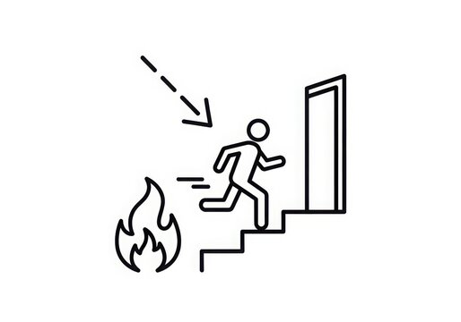 Person escaping fire through emergency exit isolated on white background