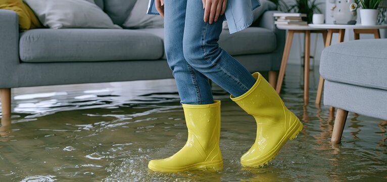 Bright rain boots navigating a flooded living room floor, highlighting water damage and home emergency response.
