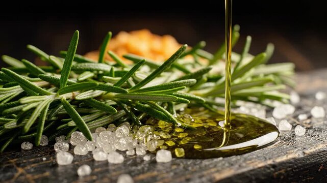 Pouring golden olive oil over fresh rosemary sprigs and coarse sea salt on a rustic wooden board, culinary preparation, healthy ingredients, aromatic seasoning