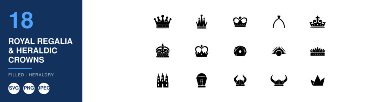 Crowns and Royal Symbols Arranged in a 4x6 Grid of Black Icons Featuring Crown, Symbol, Icon with White and Illustration Elements