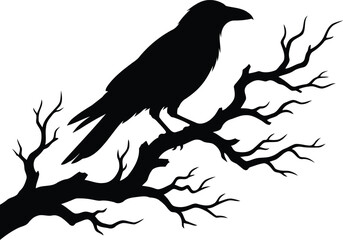 Naklejka premium Black silhouette of a crow perched on a bare tree branch isolated on a white background