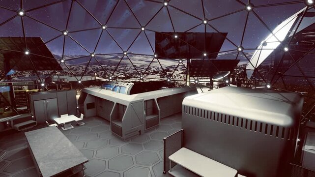 interior lunar base command center geodesic dome with consoles and monitors. dim blue lighting casts industrial mood. telemetry readouts display system status
