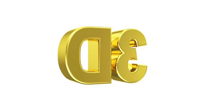 Rotating glossy gold 3D text reading 3D spins to reveal depth and reflective metallic surfaces against white, black, and green screen backgrounds, 3D animation