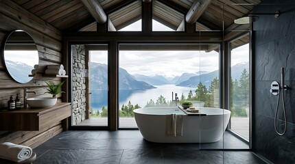 Fototapeta premium Luxury Modern Timber Bathroom with Panoramic Fjord View