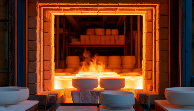 White ceramic parts bake inside industrial kiln at high heat factory facility. Machine workers fire clay product items in hot oven furnace for hardening. Pro manufacturing process makes sanitary ware
