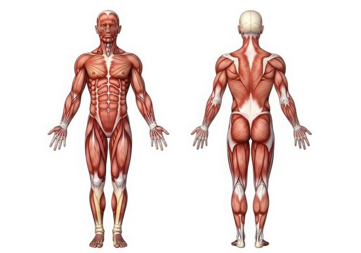 Human muscular system anatomy front and back view isolated on white background