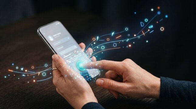 Cybersecurity and digital identity authentication concept with zero trust access on smartphone screen featuring biometric fingerprint encryption and data protection icons for secure mobile login.