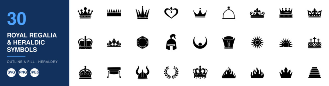 Crowns and Royal Symbols Arranged in a 4x6 Grid Featuring Crown, Symbol, Icon with Illustration and Vector Elements for Design
