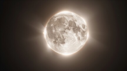Obraz premium Moon phase during total solar eclipse shows glowing sunlight halo around cratered surface. Total solar eclipse illuminates cratered moon texture with glowing edge light in dark sky.