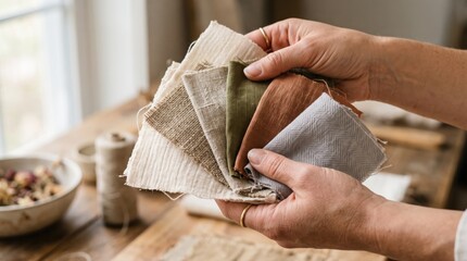 Fototapeta premium Close up of hands holding fabric texture samples for interior design and home decoration selection