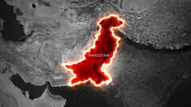 Animated satellite view zooming into Pakistan with a fiery red highlighted border