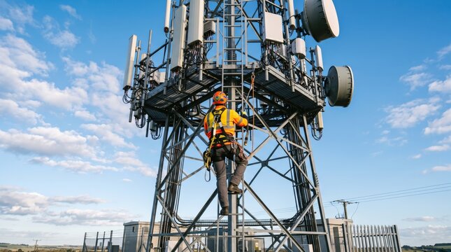 Telecommunication technician climbing steel tower to install or repair antennas and signal equipment under blue sky, professional worker in safety gear maintaining mobile network