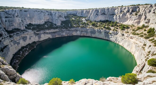 Vivid turquoise water fills a vast, ancient geological formation, creating a breathtaking natural wonder