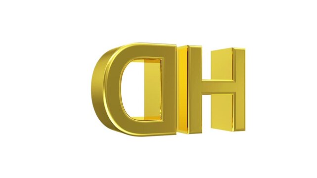 Rotating gold HD letters spin in place, revealing a glossy metallic 3D symbol on white, black, and green screen backgrounds for chroma key use, 3D animation