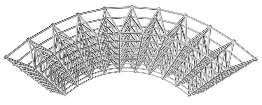 high quality 3d realistic render of a vaulted curved metallic space truss framework featuring complex triangular geometry and steel beams for architectural arched roof construction and modern engineer