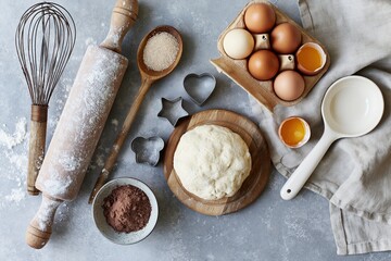 Fototapeta premium The Dough and Eggs in Rustic Kitchen: A Baking Scene with Utensils
