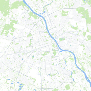 Minimal vector city map of Warsaw with streets, parks and Vistula River