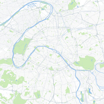 Minimal vector city map of Paris with streets, parks and River Seine