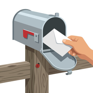 Red ladybug sitting on a wooden post beside a metal mailbox with mail
