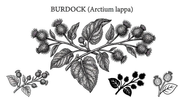 Botanical illustration of burdock plant with spiky seed heads