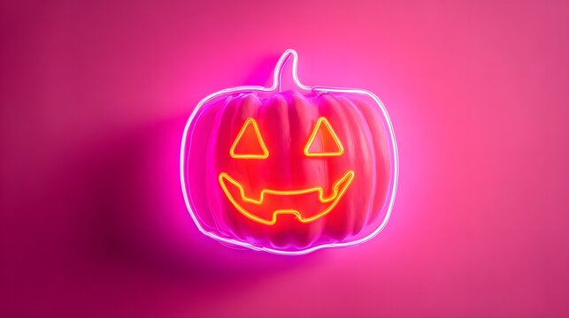 Vibrant glowing pink neon Halloween pumpkin jack o lantern outline art centered on magenta background.