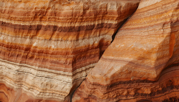 A commercial close-up shot of a massive block of raw layered sandstone