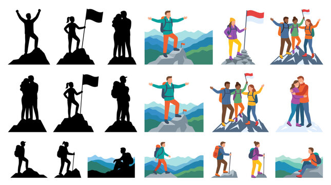 Professional vector collection featuring different man and woman hiking on mountain trails, climbing rocky paths, crossing steep slopes, resting during alpine trekking, navigating rugged terrain