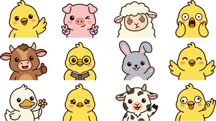 Fototapeta premium Cute Kawaii Farm Animal Vector Character Set with Baby Chick Expressions Pig Sheep Cow Bull Rabbit and Duck Mascot Emotion Avatars
