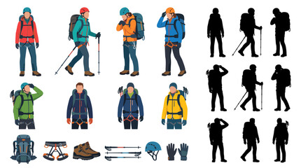 Professional vector collection featuring different man and woman wearing professional mountaineering clothing, waterproof alpine jackets, fleece layers, climbing harnesses, thermal gloves © mehdik