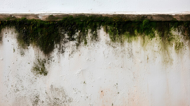Algae and mold growing on white stucco wall of residential building