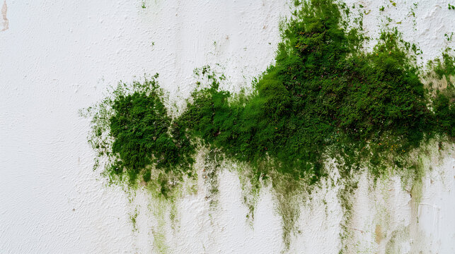 Algae and mold growing on white stucco wall of residential building