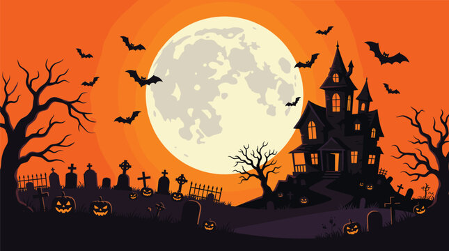 Halloween haunted house illustration, spooky graveyard pumpkins bats moon eerie trees fence lanterns festive night vector artwork