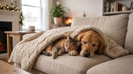 Fototapeta na wymiar Golden Retriever dog and tabby cat pets resting together under cozy knitted blanket on comfortable sofa. Warm pets resting together display companionship, warmth, and comfort.