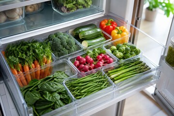 Obraz premium Organized Fresh Vegetables Stored Inside Modern Refrigerator