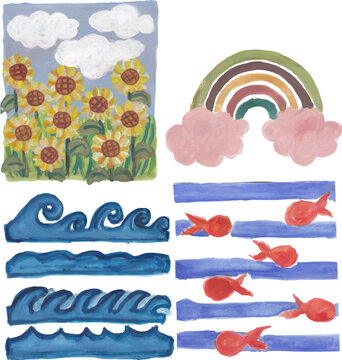 Sunflowers, rainbow, ocean wave and fishes hand drawn watercolor clip art