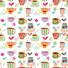 Fototapeta premium Retro Coffee Cups and Hearts Pop Art Seamless Pattern