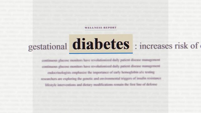 Diabetes breaking news headlines macro text montage, metabolic health medical journal stop motion typography
