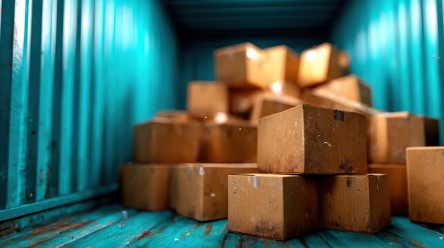 A visually compelling image of stacked boxes inside a shipping container, illustrating themes of logistics, organization, and the interconnectedness of global trade.