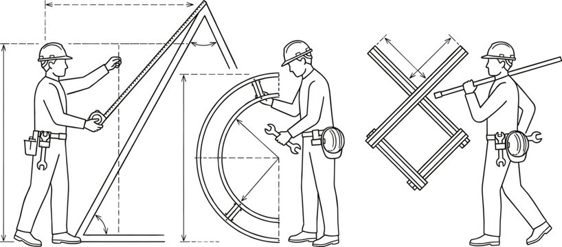 Construction workers and engineers technical blueprint with geometric measuring and structural design elements
