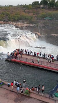 Vertical Aerial View of Dhuandhar Falls, Bhedaghat, Jabalpur, Madhya Pradesh, India