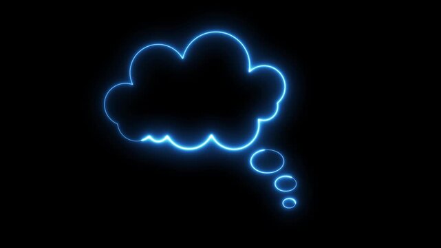 Glowing neon Animated thought bubble pop-up, cartoon comic cloud speech balloon outline, bold white chat bubble for text on black background. Cloud shaped thought speech balloon. speech icon.